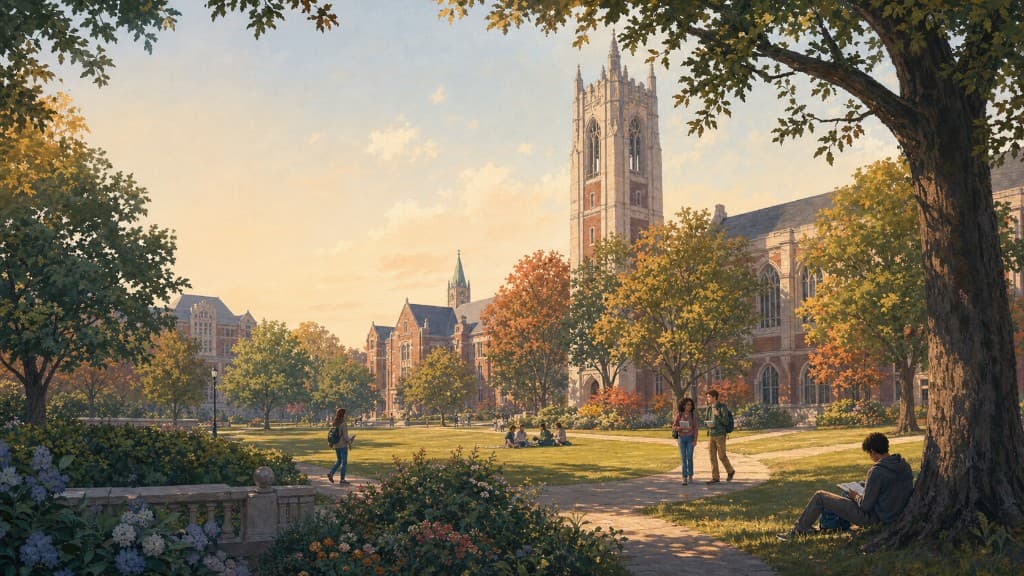 Sunlit collegiate campus quad with Gothic brick buildings and students on the lawn