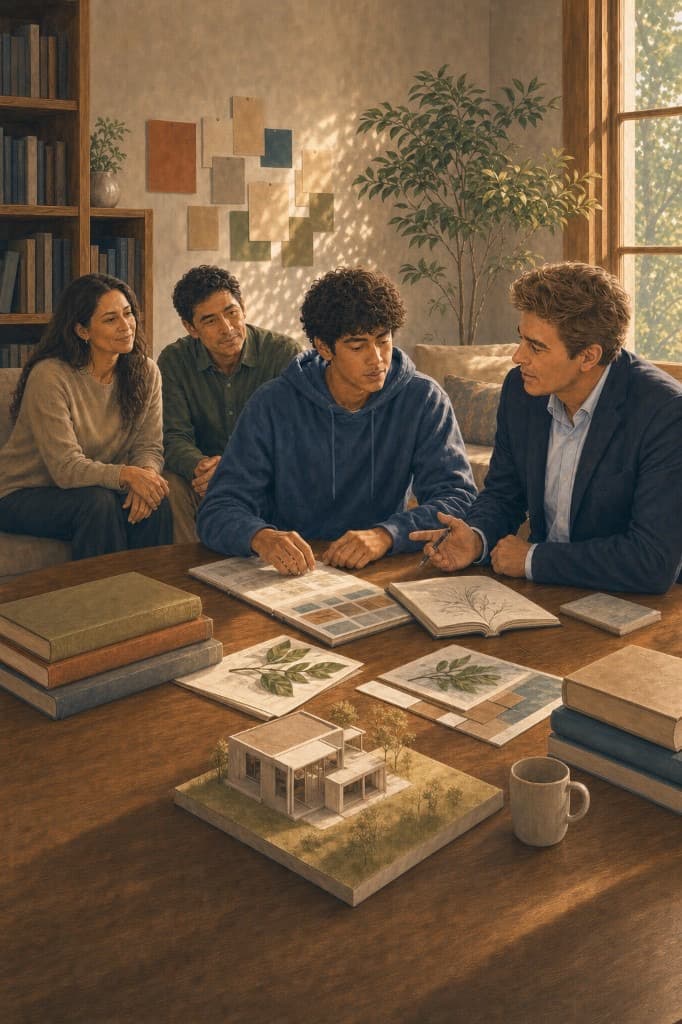 Student and parents meeting with a college counselor at a table of plans, books, and notes